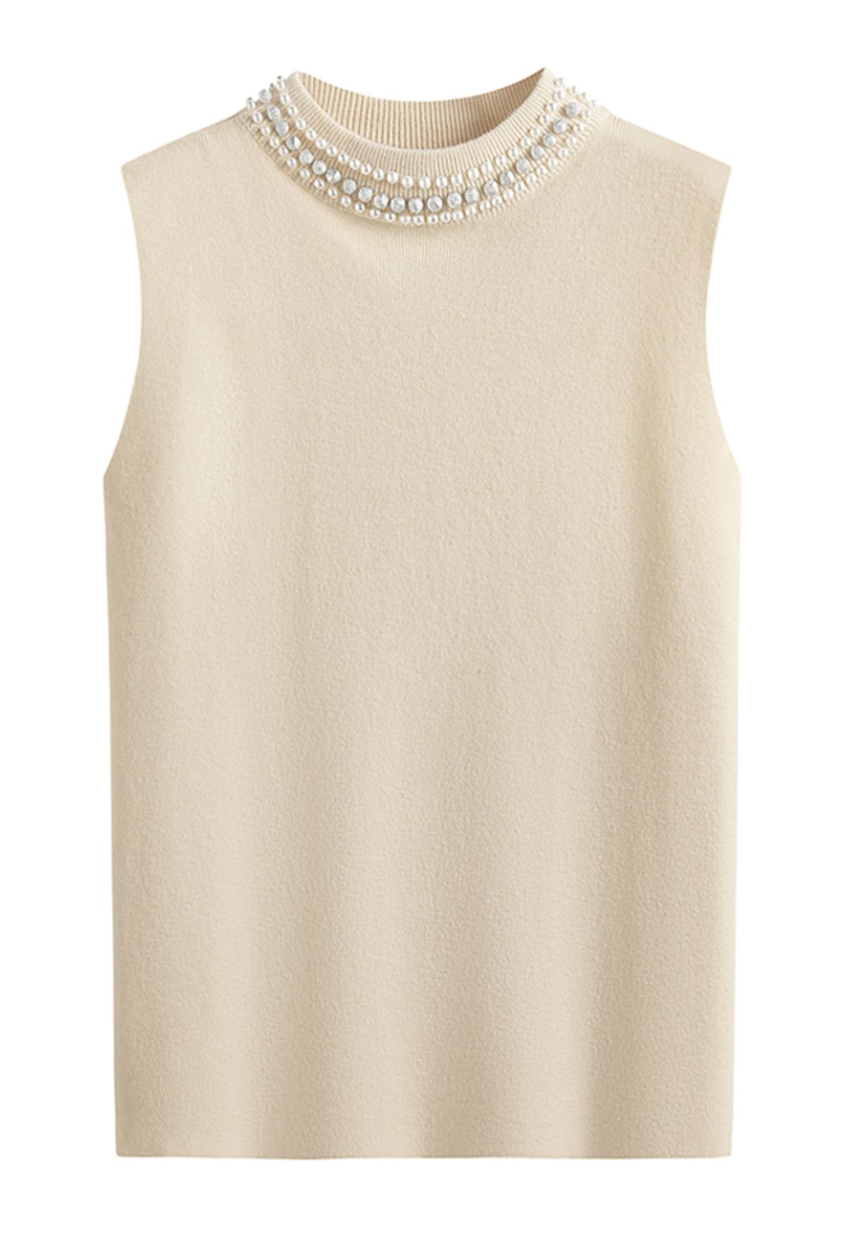 Pearl Embellished Mock Neck Sleeveless Knit Top in Sand