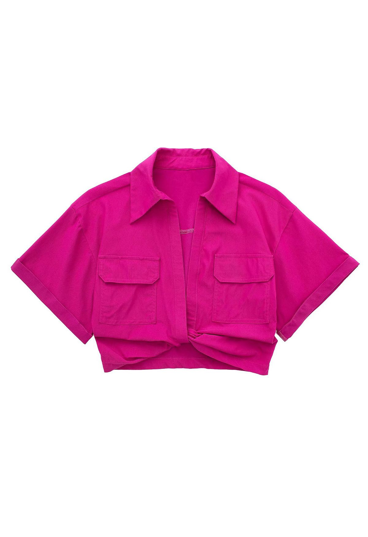 Front Tie Flap Pocket Crop Shirt in Magenta