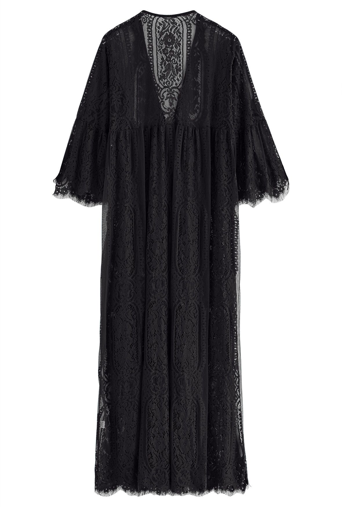 Slit Cuffs Floral Lace Kimono in Black