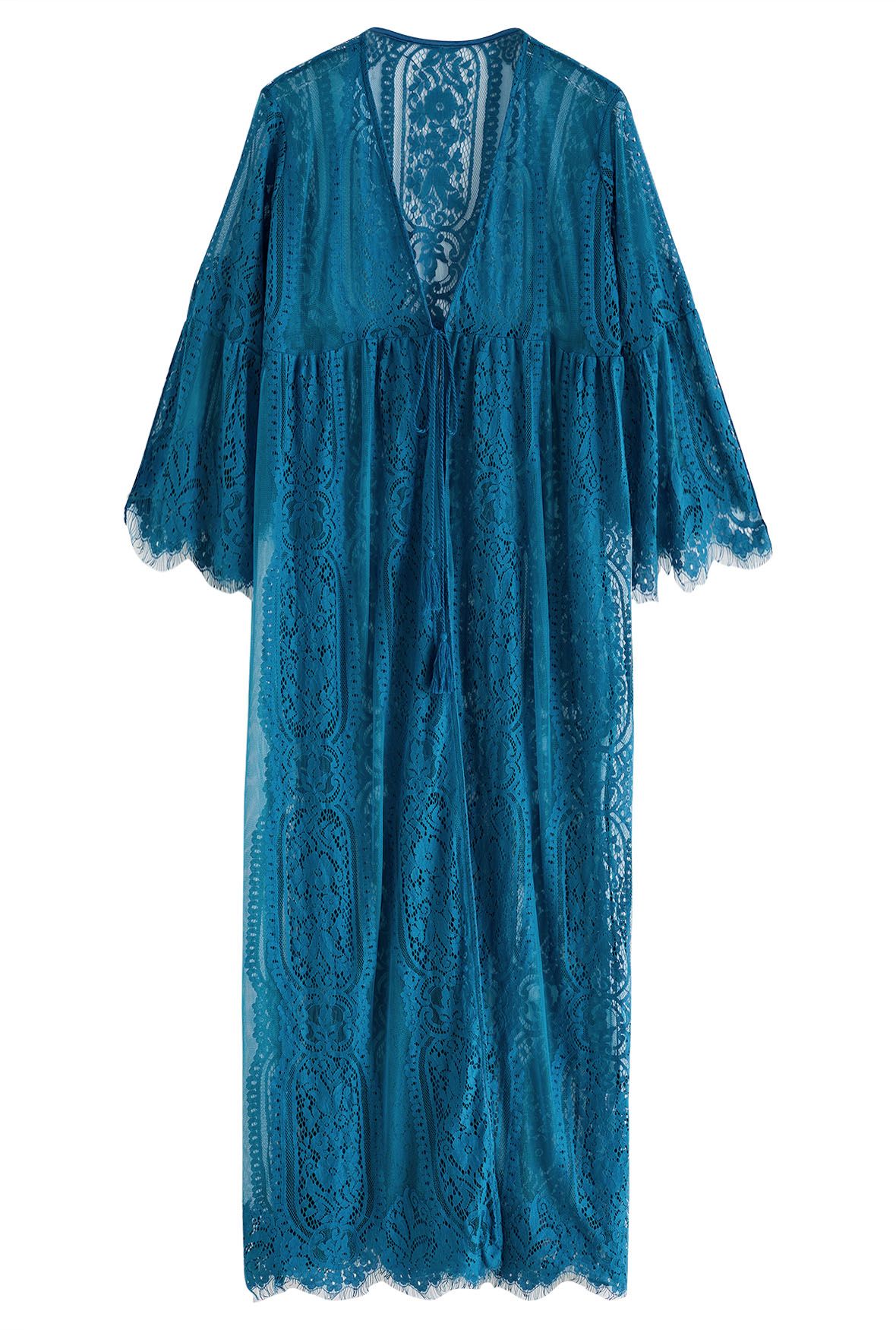 Slit Cuffs Floral Lace Kimono in Teal