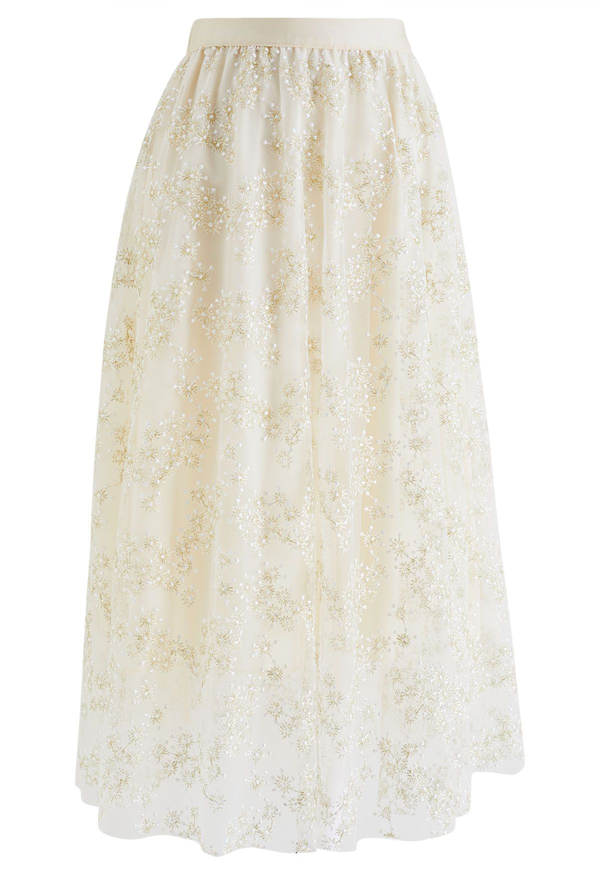 Metallic Embroidered Floret Mesh Midi Skirt in Cream