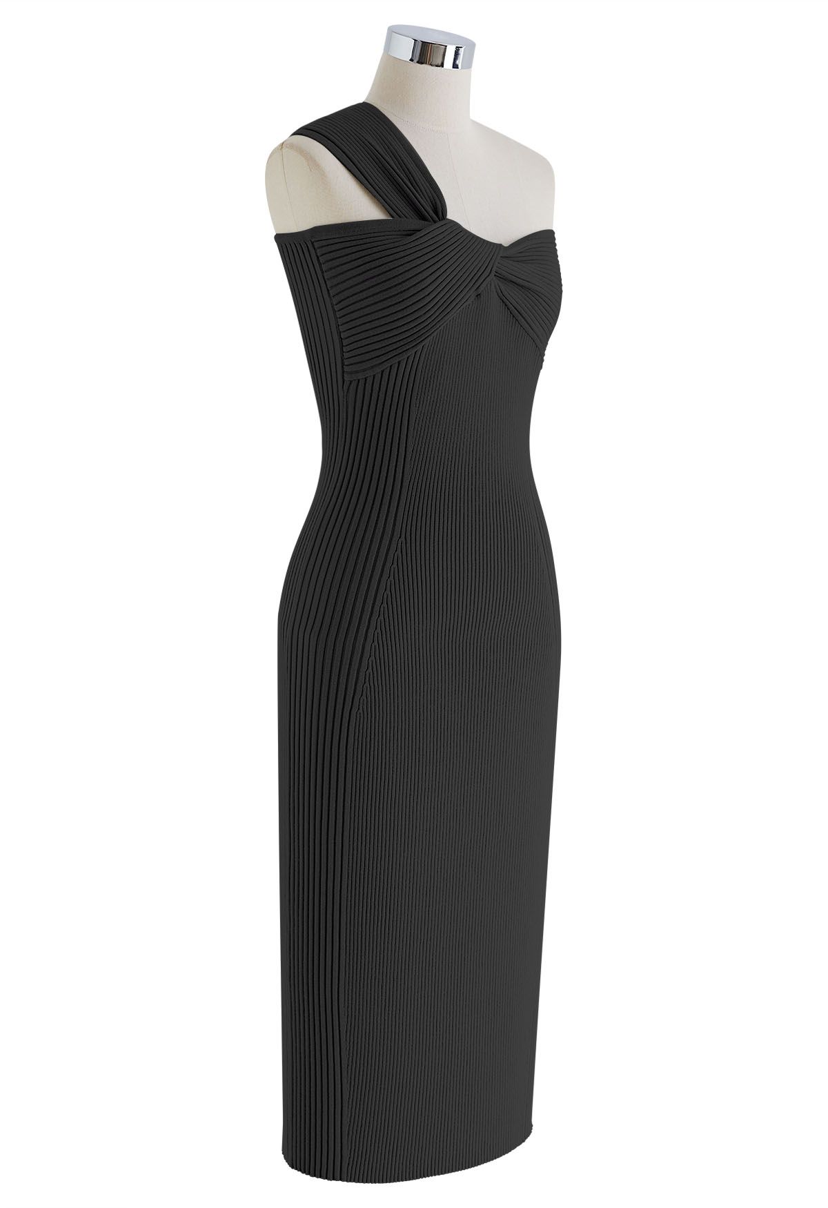 One-Shoulder Knotted Bodycon Knit Dress in Black