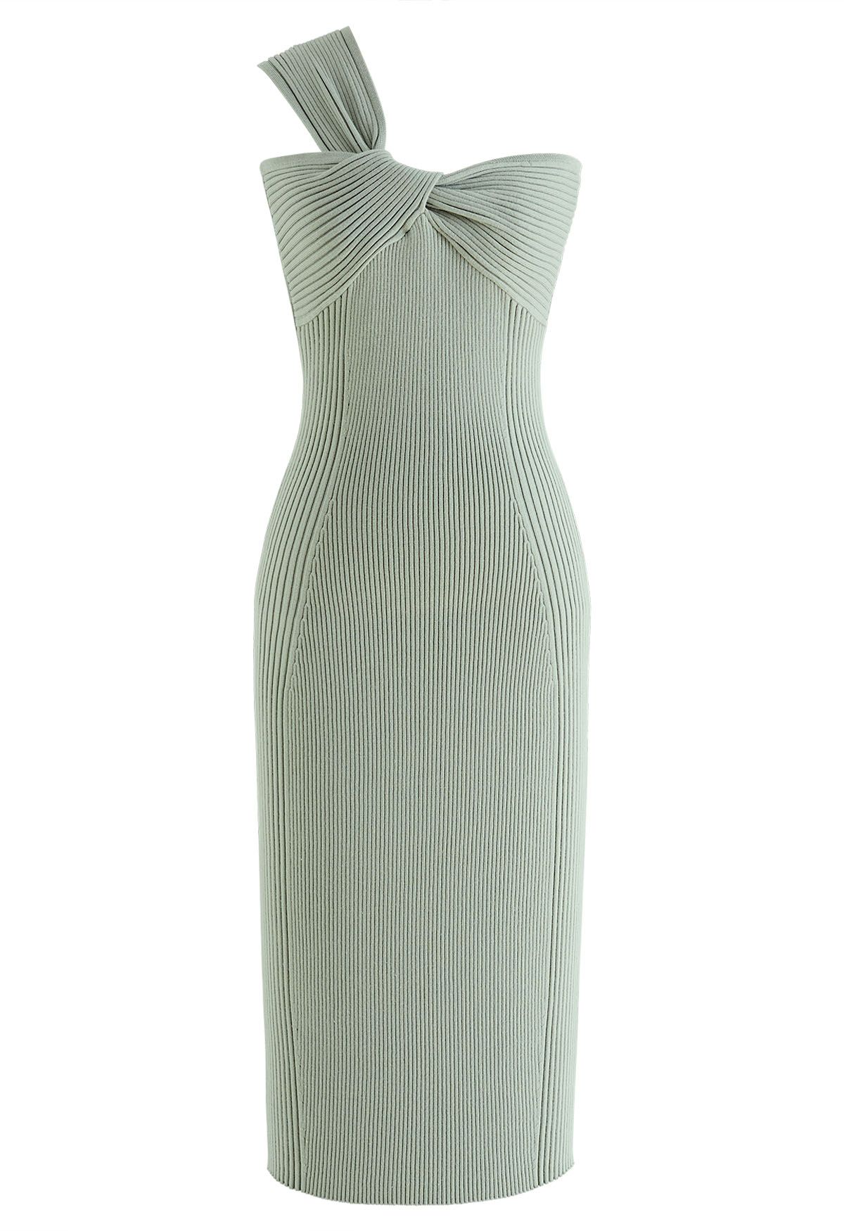 One-Shoulder Knotted Bodycon Knit Dress in Pea Green