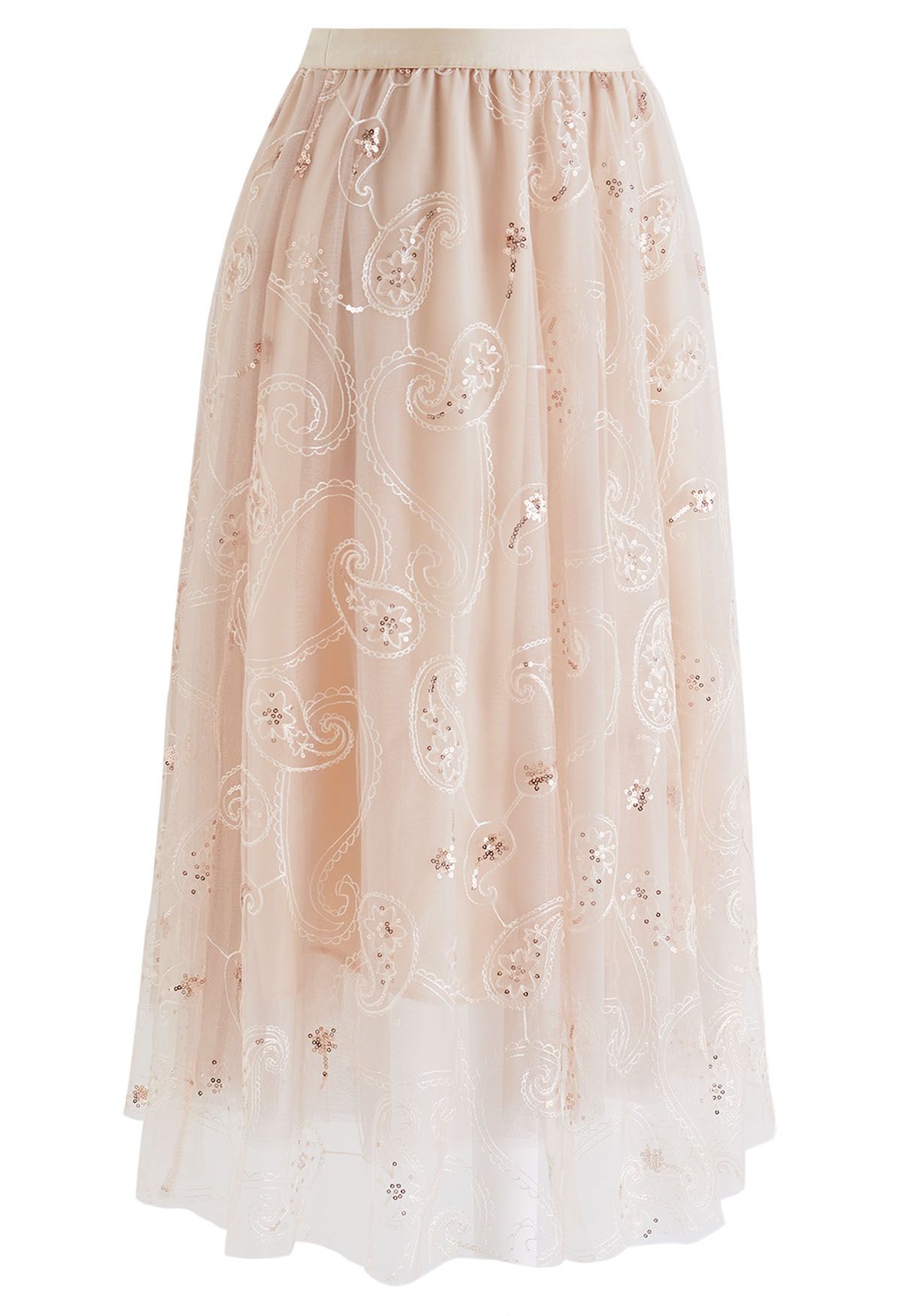 Sequined Embroidered Paisley Mesh Midi Skirt in Apricot