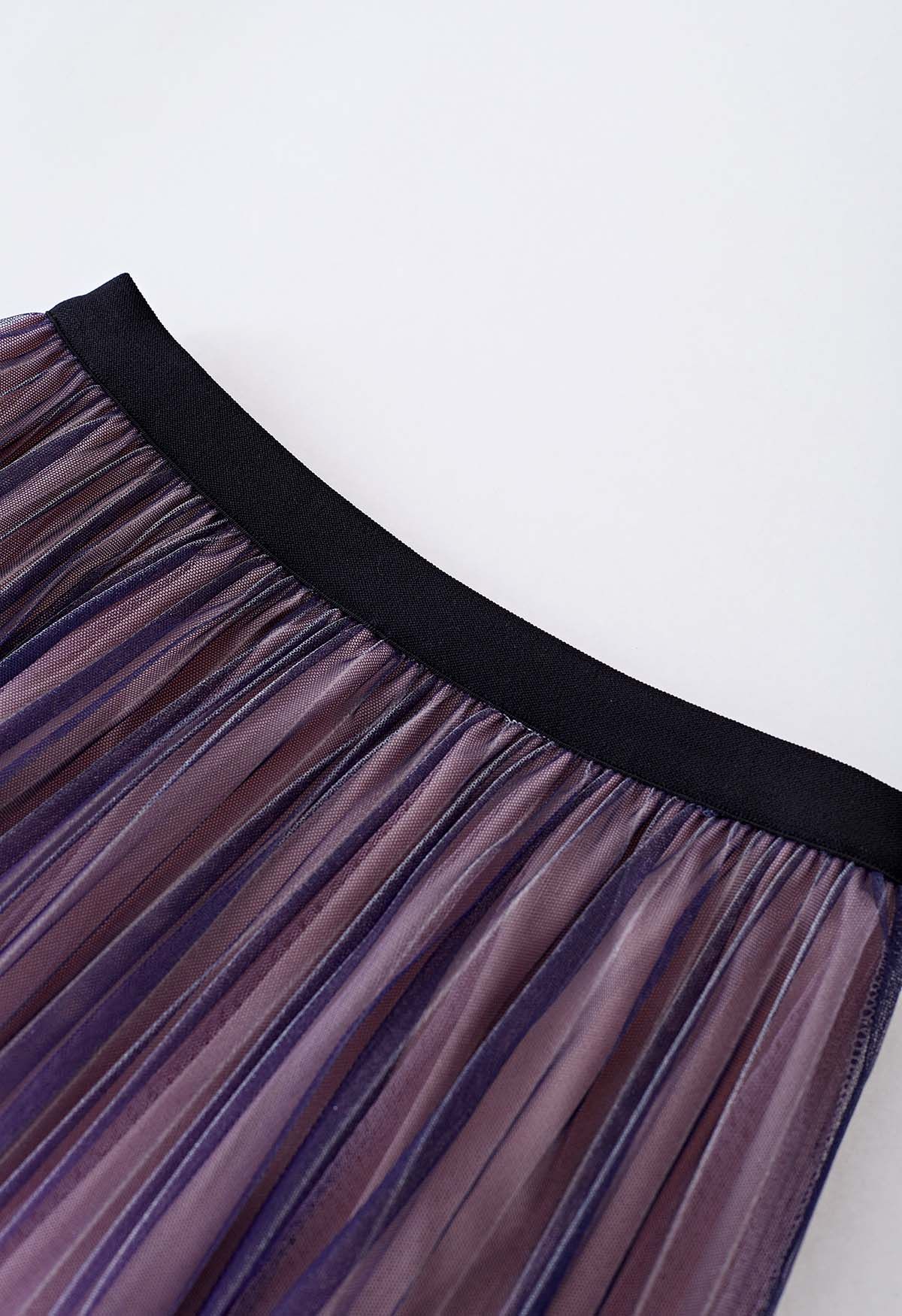 Shimmer Gradient Pleated Mesh Midi Skirt