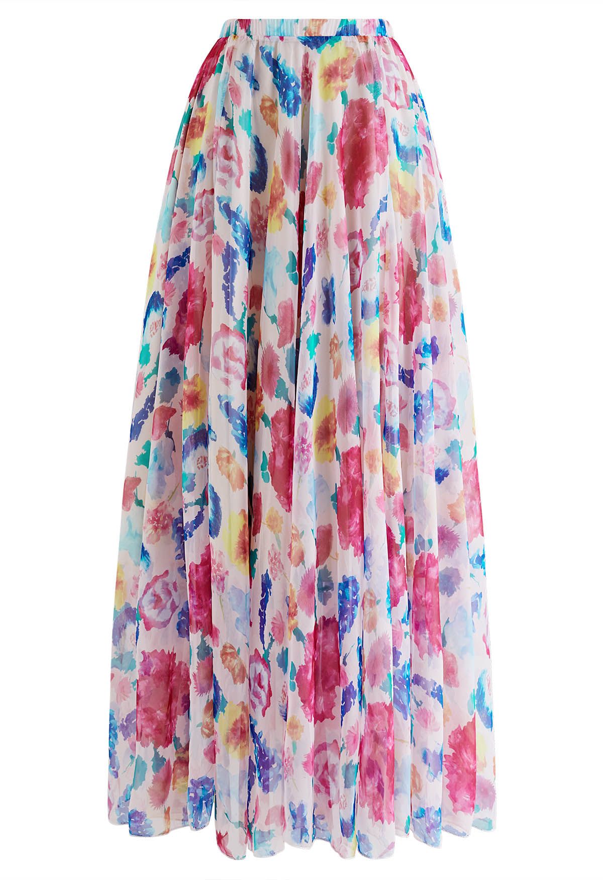 Colorful Blossom Printed Chiffon Maxi Skirt in Pink