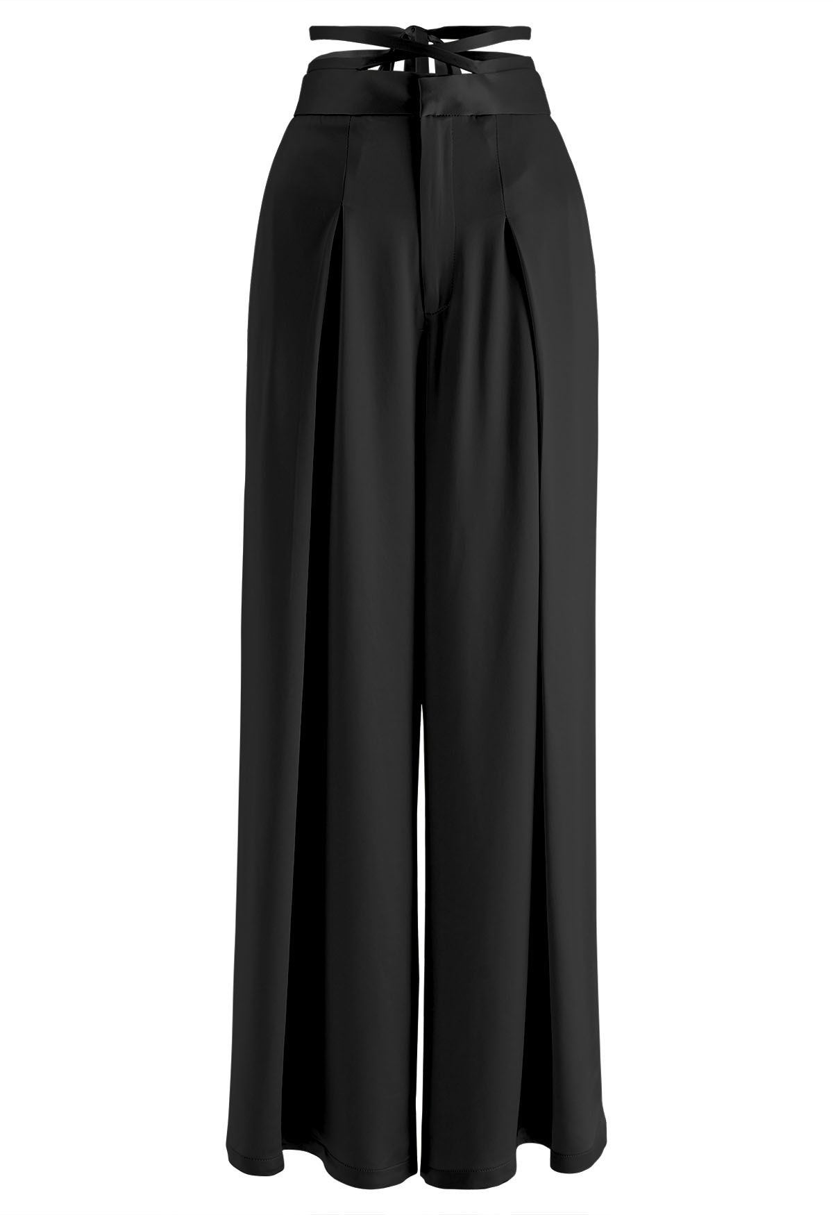 Glossy Crisscross Waist Wide Leg Pants in Black