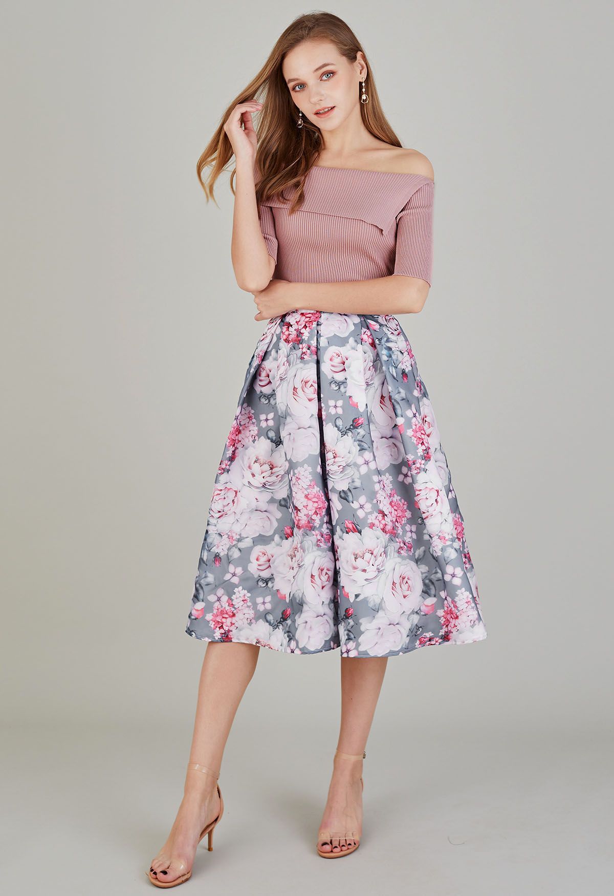 Pink Rose Organza Pleated Midi Skirt