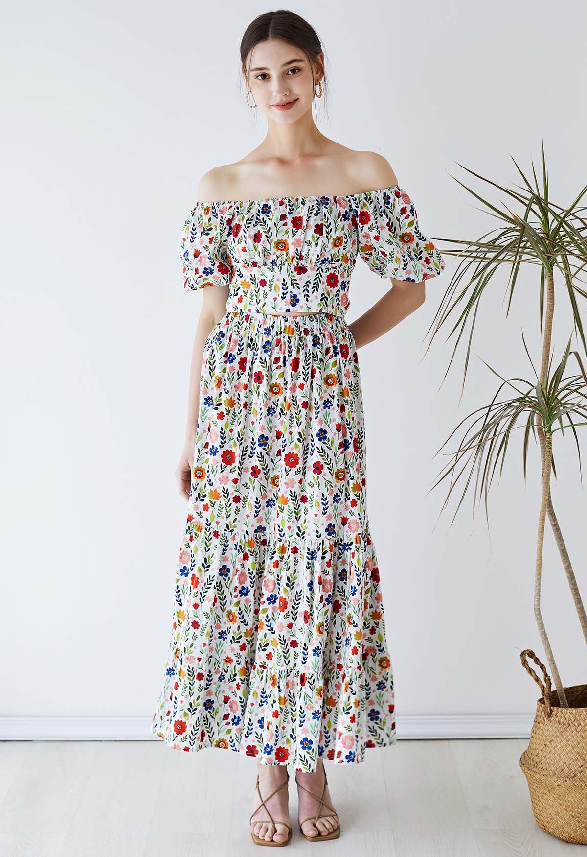 Off-Shoulder Bowknot Crop Top and Flare Skirt Set in Floret Print