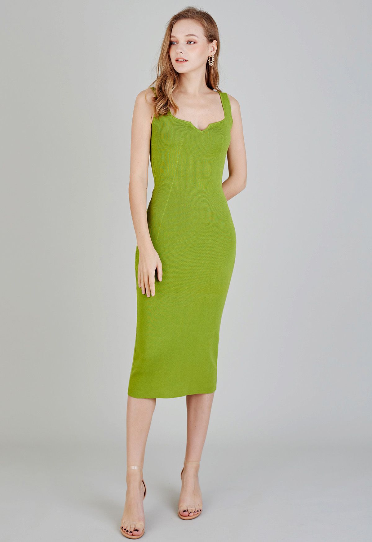 Notch Neckline Bodycon Knit Dress in Lime