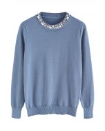 Pearl Trimmed Soft Knit Top in Dusty Blue