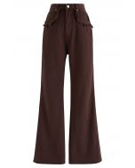 Classic Pocket Frayed Detail Flare Jeans in Brown