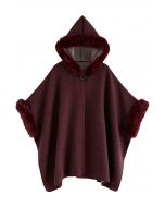 Cozy Faux Fur Hooded Poncho in Burgundy