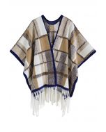 Plaid Jacquard Fringe Poncho in Tan