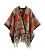 Plaid Jacquard Fringe Poncho in Orange