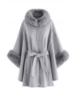 Self-Tie Bowknot Faux Fur Poncho in Grey