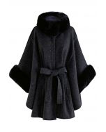 Self-Tie Bowknot Faux Fur Poncho in Black