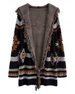 Geometric Tassel Edge Hooded Cardigan in Black