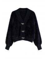 Bowknot Brooch Fuzzy Knit Cardigan in Black