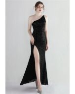 One Shoulder Sequins High Slit Gown in Black