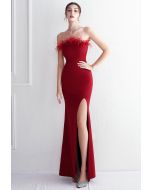 Feather Trim Strapless Slit Gown in Red