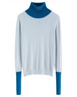 Color Blocked Turtleneck Knit Top in Baby Blue