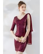 V-Neck Chiffon Spliced Sequined Cocktail Dress in Burgundy