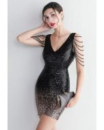 Beaded Shoulder Ombre Sequins Cocktail Dress in Black