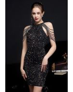 Sequins Halter Neck with Beads Cocktail Dress in Black