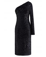 Slanted Shoulder Full Sequins Cocktail Dress in Black