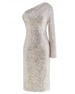 Slanted Shoulder Full Sequins Cocktail Dress in Silver