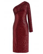 Slanted Shoulder Full Sequins Cocktail Dress in Burgundy