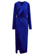 Glittery Velvet Wrap Midi Dress in Blue