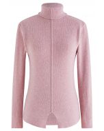 Seam Detail High Neck Slit Knit Top in Pink