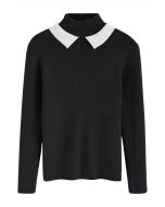 Contrast Doll Collar Mock Neck Knit Top in Black