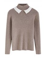 Contrast Doll Collar Mock Neck Knit Top in Taupe