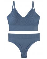 Plain Ribbed Lingerie Bra Top and Thong Set in Blue