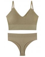 Plain Ribbed Lingerie Bra Top and Thong Set in Khaki