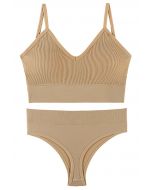 Plain Ribbed Lingerie Bra Top and Thong Set in Tan