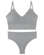 Plain Ribbed Lingerie Bra Top and Thong Set in Grey