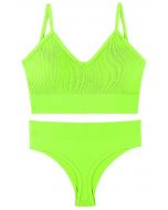 Plain Ribbed Lingerie Bra Top and Thong Set in Neon Green