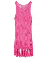 Tassel Hem Hollow Out Sleeveless Knit Cover Up in Hot Pink