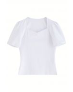 Square Neckline Puff Shoulder T-Shirt in White