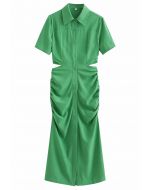 Cutout Waist Side Ruched Shirt Dress in Green