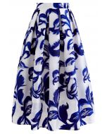 Indigo Vine Jacquard Organza Pleated Midi Skirt